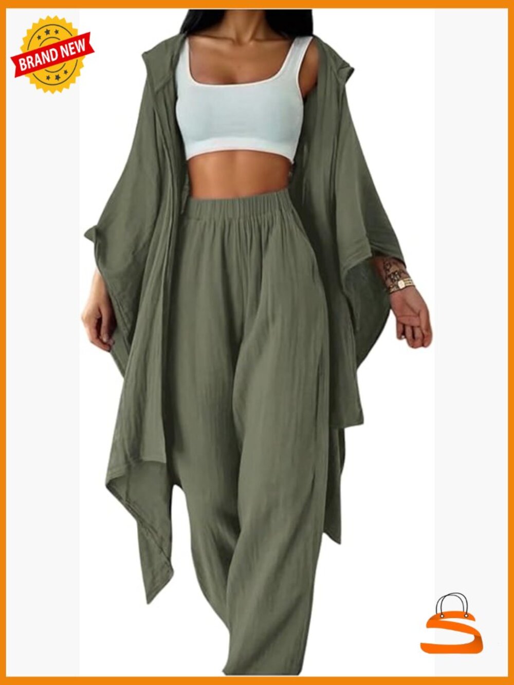 2 Piece Outfit Hooded Kimono Cardigan High Waisted Pants Casual Suit